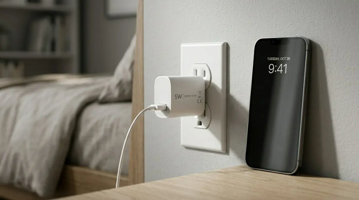 A high-quality studio shot of a sleek white 5W US-plug wall-mounted power adapter next to a modern smartphone or IoT device, emphasizing its compact size.