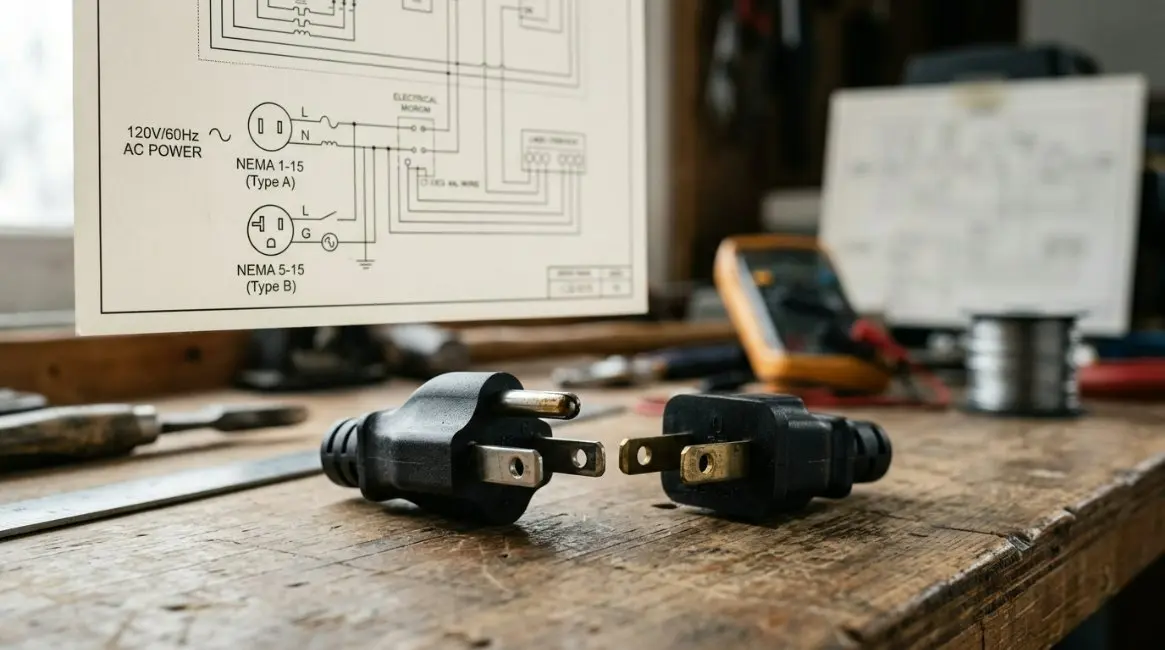 An infographic showing the US NEMA 1-15 Type A and NEMA 5-15 Type B plug styles with technical diagrams and 120V/60Hz labels.