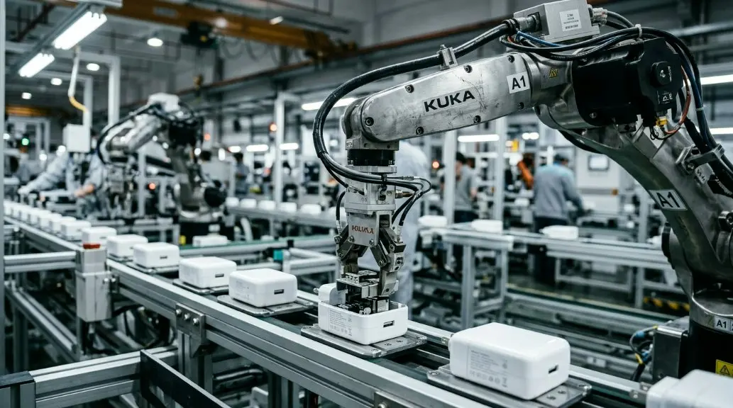 A high-tech industrial factory floor in China showing precision robotic assembly of 24W wall mounted power adapters with sleek white casing