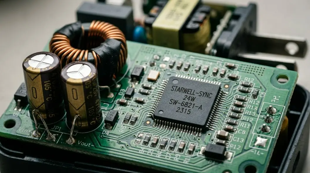 A close-up macro shot of an internal circuit board of a 24W power adapter showing the Starwell-Sync chipset and high-quality capacitors