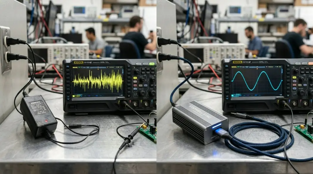An infographic comparing standard power adapters versus Starwell-Sync technology with stable wave diagrams