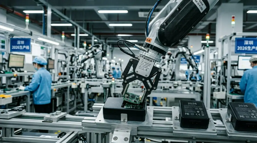A high-tech automated factory floor in China producing wall-mounted power adapters, featuring robotic arms and high-speed precision assembly lines for 2026 electronics.