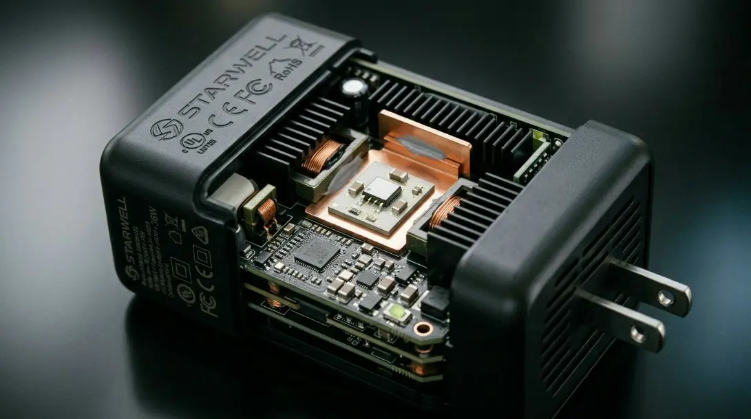 Close-up shot of a Starwell 36W wall mounted power adapter showing internal GaN components and the sleek exterior casing with safety certification logos.