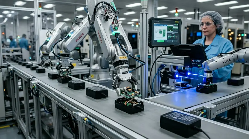 A modern automated assembly line in a high-tech electronics factory producing power adapters, showcasing precision robotics and quality control stations.