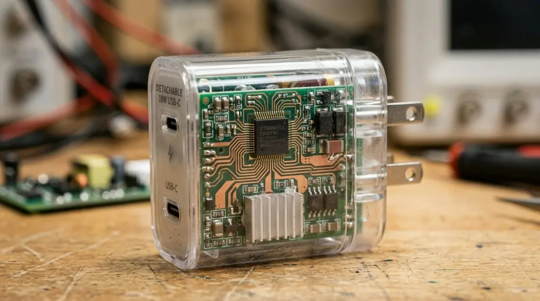 A high-tech internal engineering rendering of the 18W Detachable Plug Power Adapter showing the Starwell-EcoSync microchip and thermal distribution pathways inside a transparent casing.