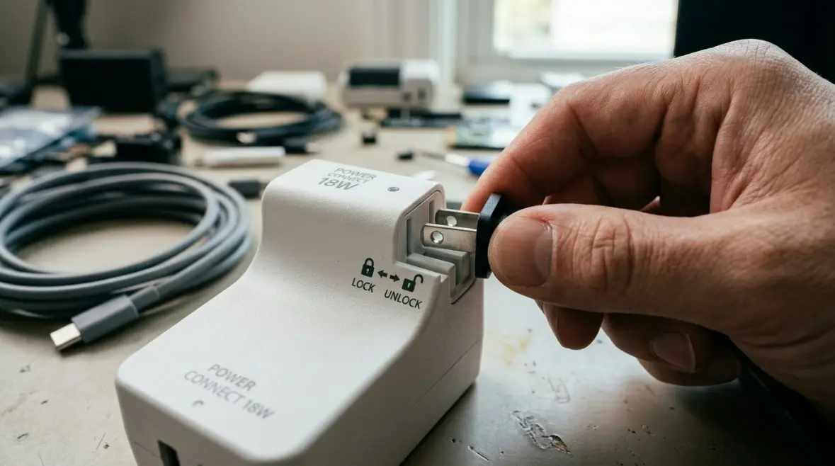 A step-by-step technical graphic showing a hand sliding a US AC plug head into the 18W detachable base with clear mechanical lock and unlock alignment indicators.