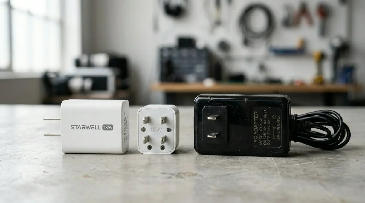 A clean side-by-side product comparison chart showing Starwell's premium 18W detachable adapter next to generic bulky black adapters on a neutral professional background.